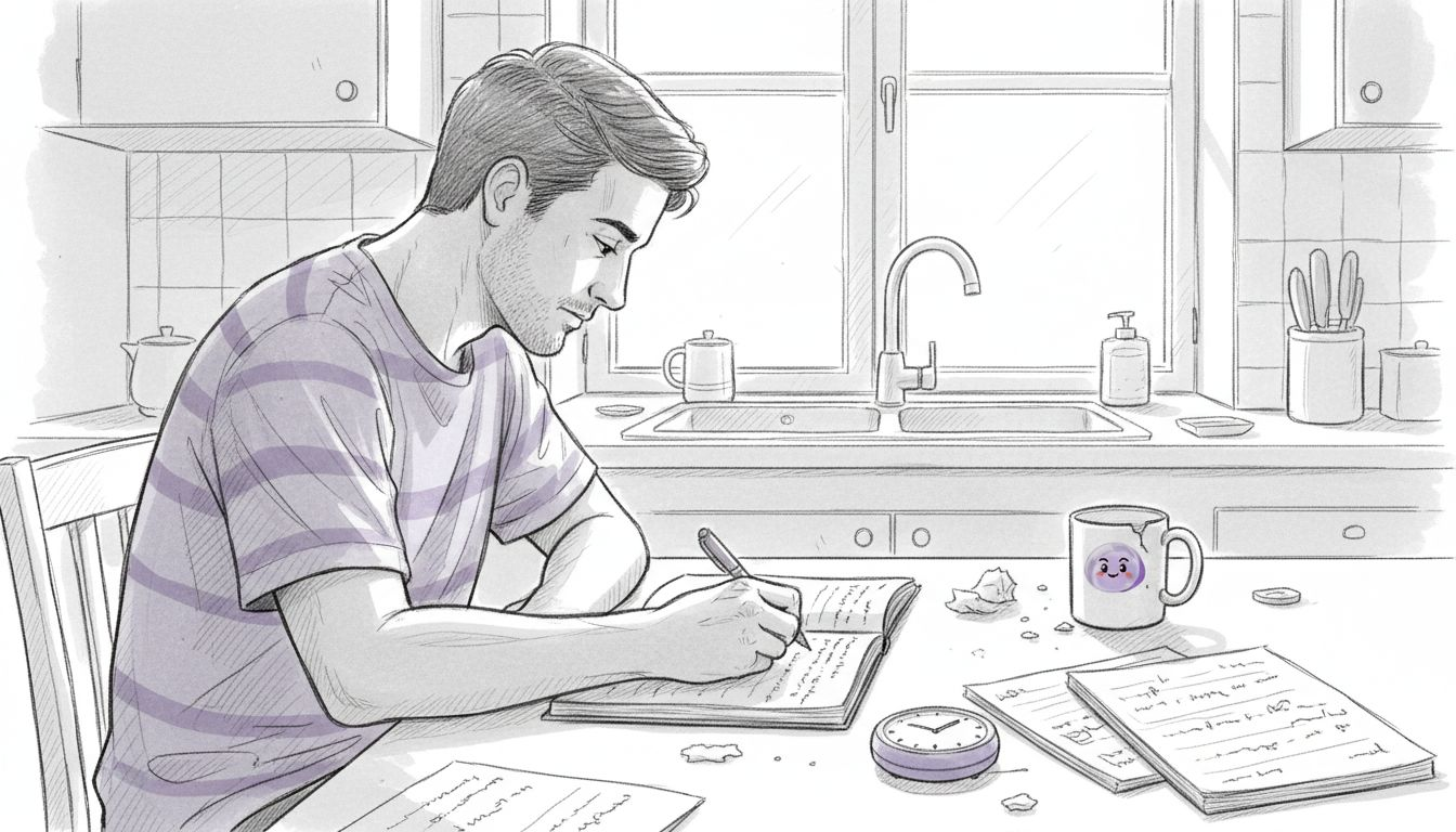 Man intensely free writing at kitchen table