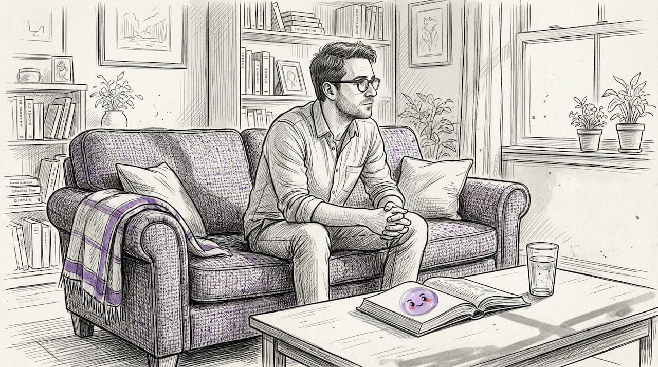 Man reflecting quietly in sunlit living room