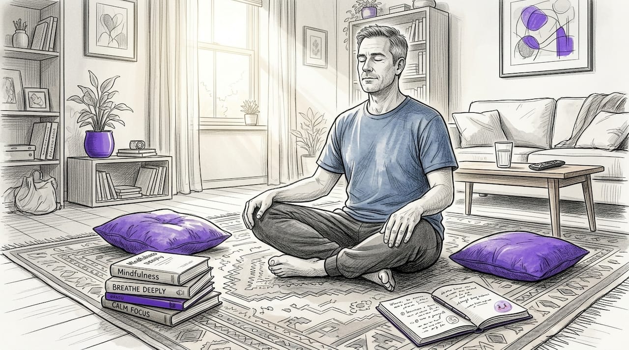 Man practicing mindfulness breathing at home
