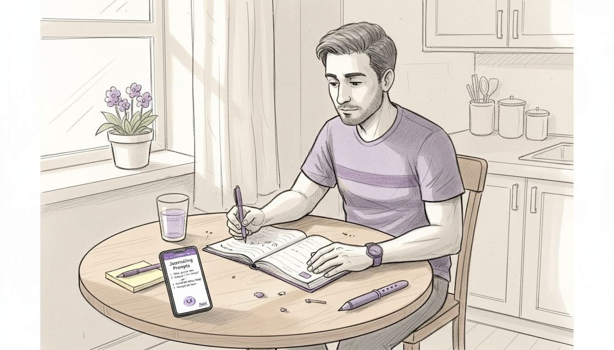 Man comparing journaling notebooks in kitchen