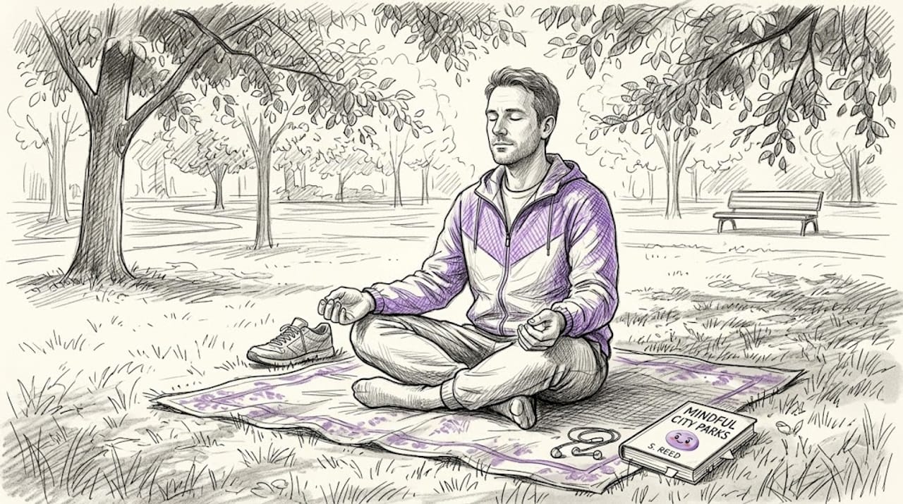 Man practicing meditation in city park