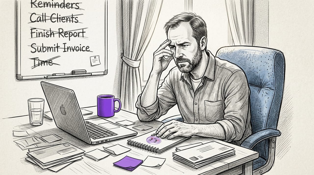 Man reflecting at cluttered office desk