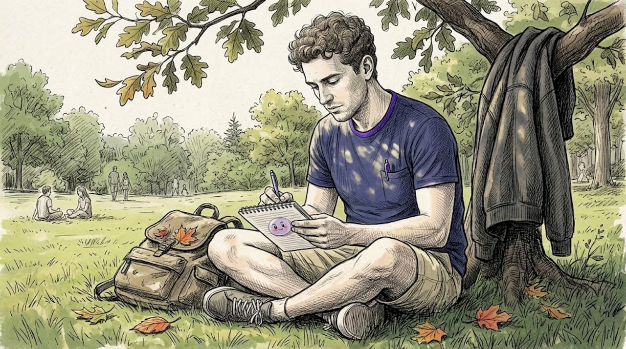 Man writing in notebook on park bench