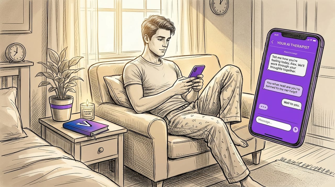 Person using AI therapy app at home
