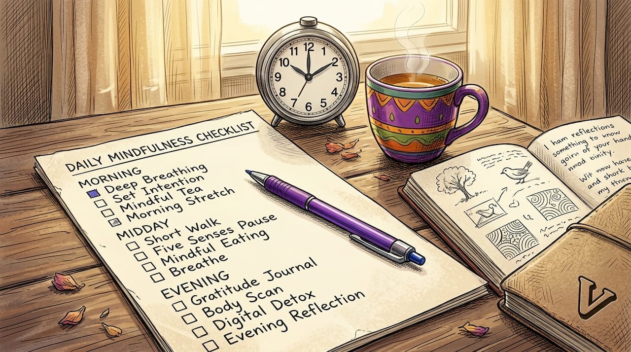Daily mindfulness checklist on wooden desk