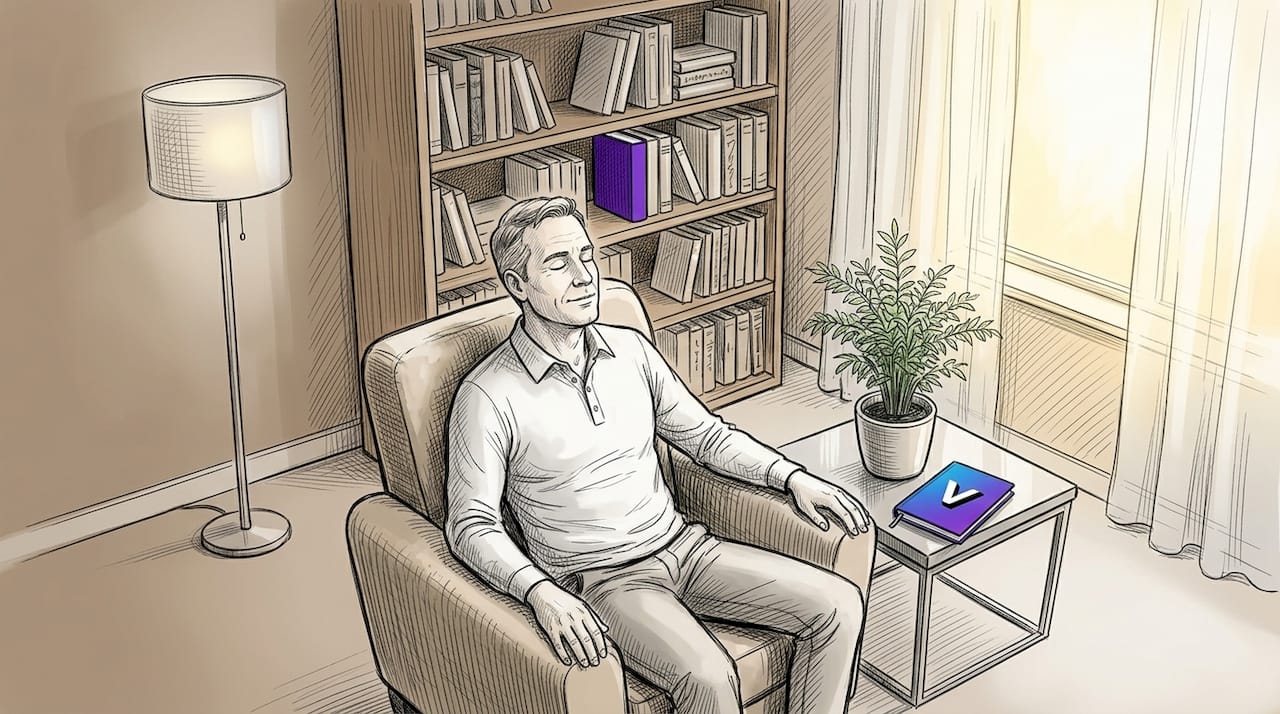 Man practicing focused breathing in chair
