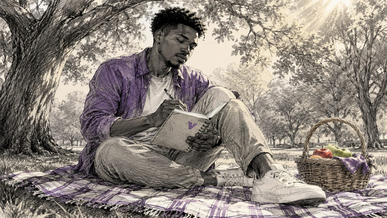 Man practicing mindful writing in café