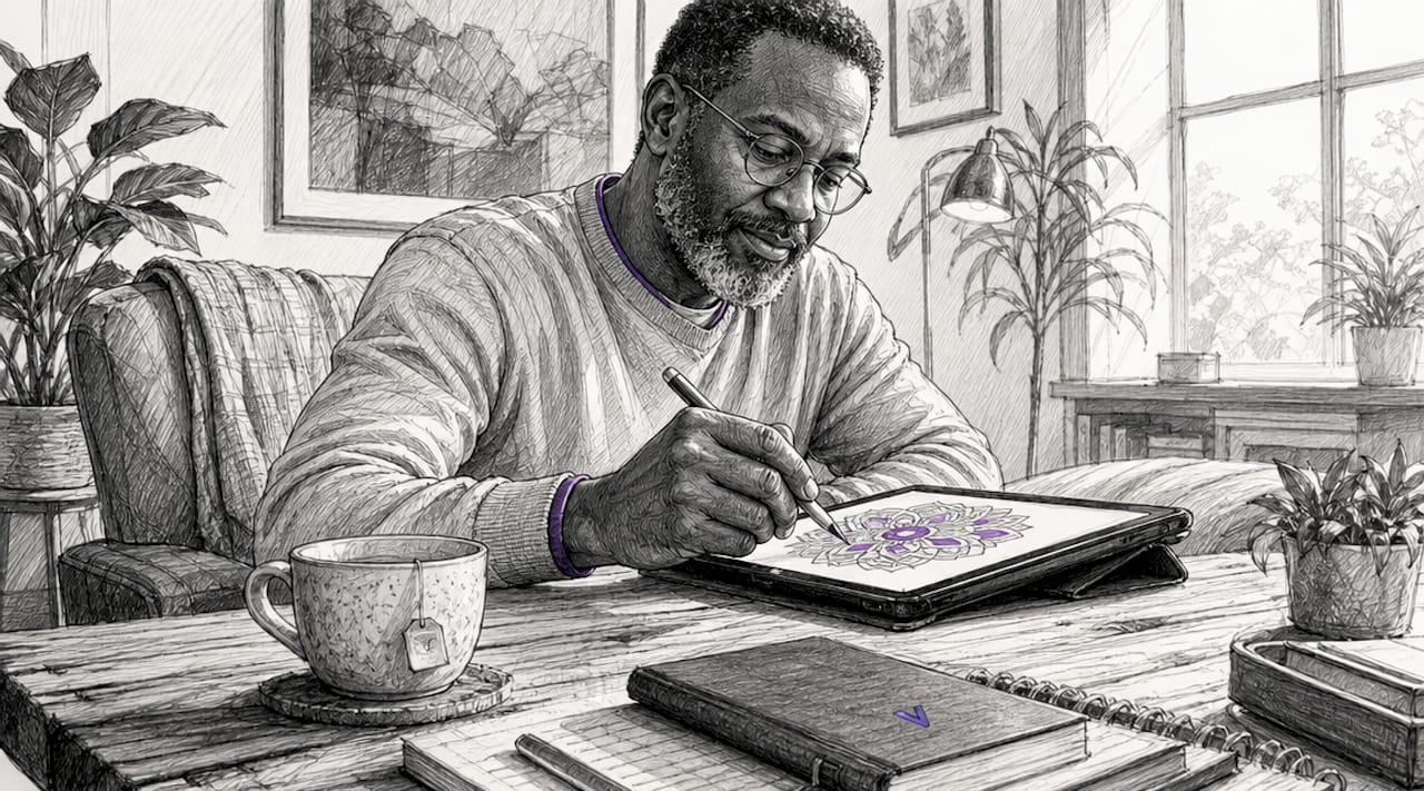 Man using digital mandala coloring app