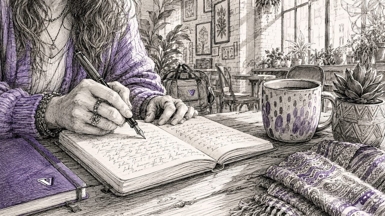 Close up of hands writing expressive journal entry
