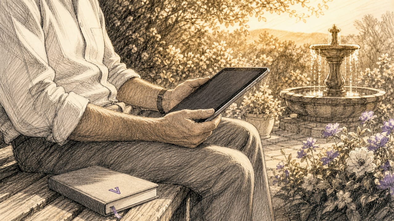 Hands holding tablet in home office with timer and glasses