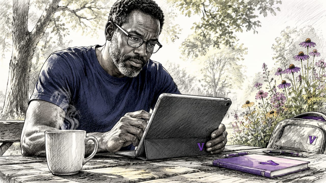 Man reviewing voice diary transcription on tablet