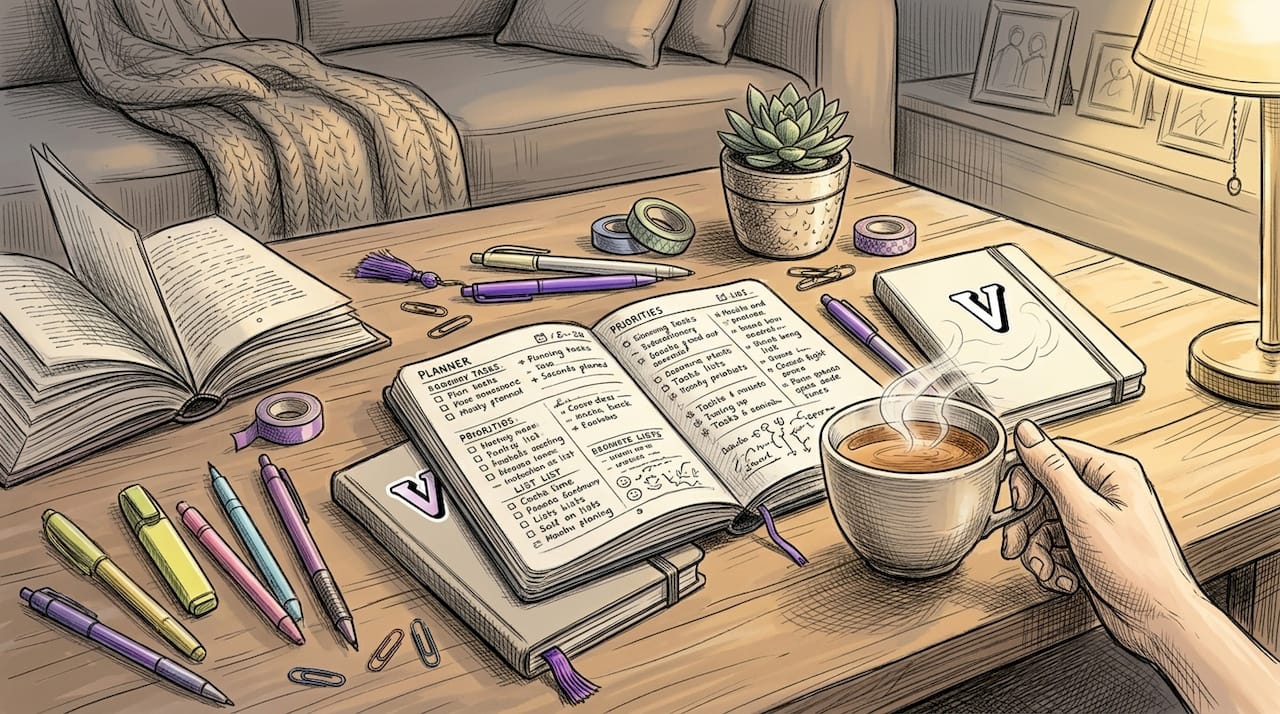 Close-up of daily productivity journal and hand with pen