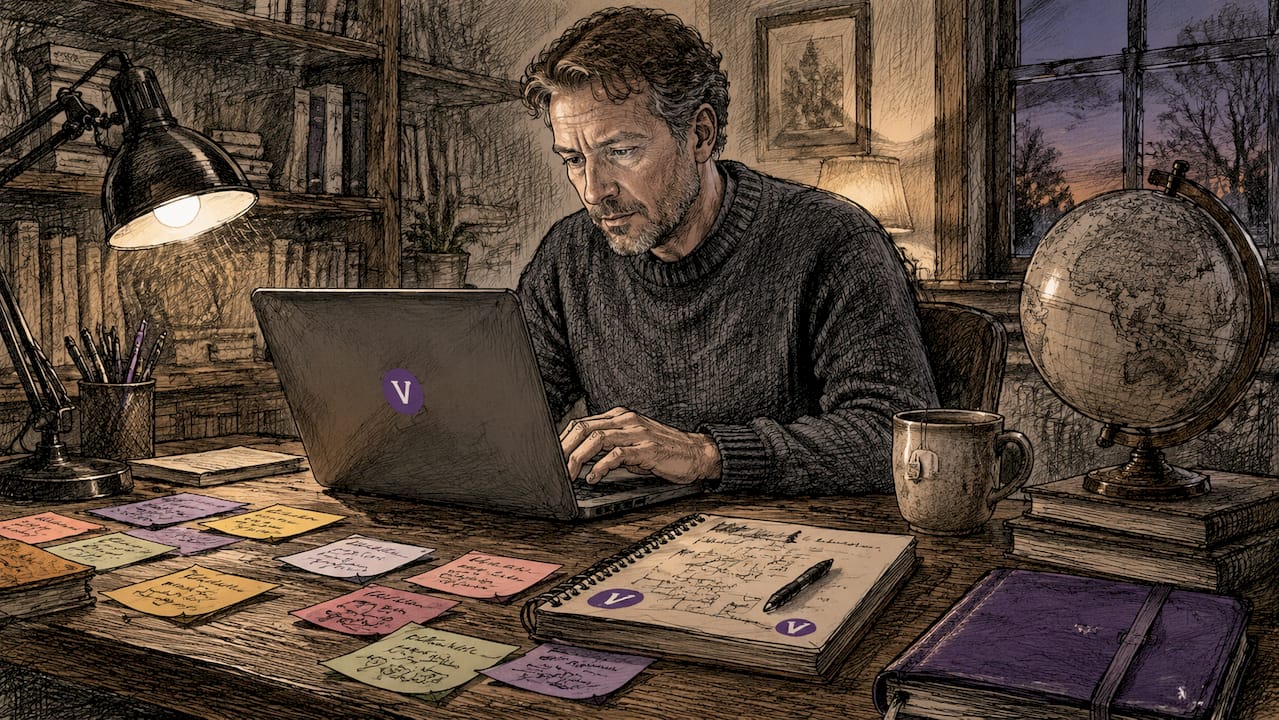 Person reviewing AI transcription on laptop at desk