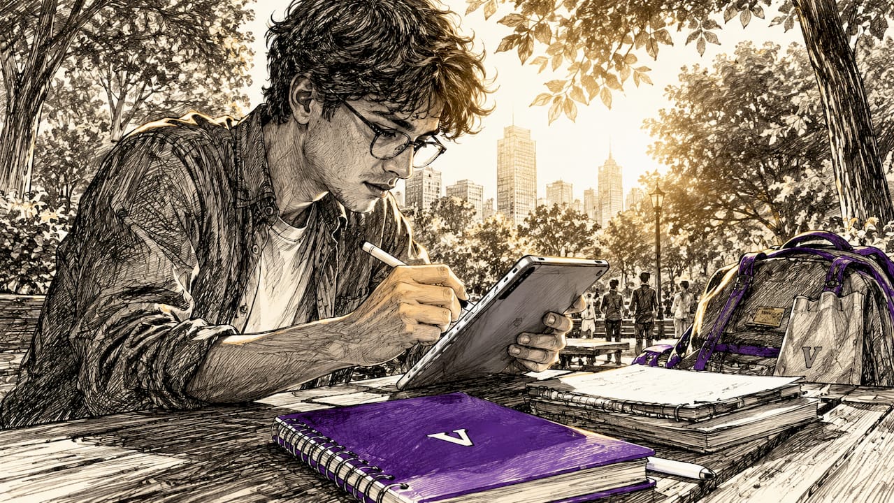 Man editing transcription on tablet in café