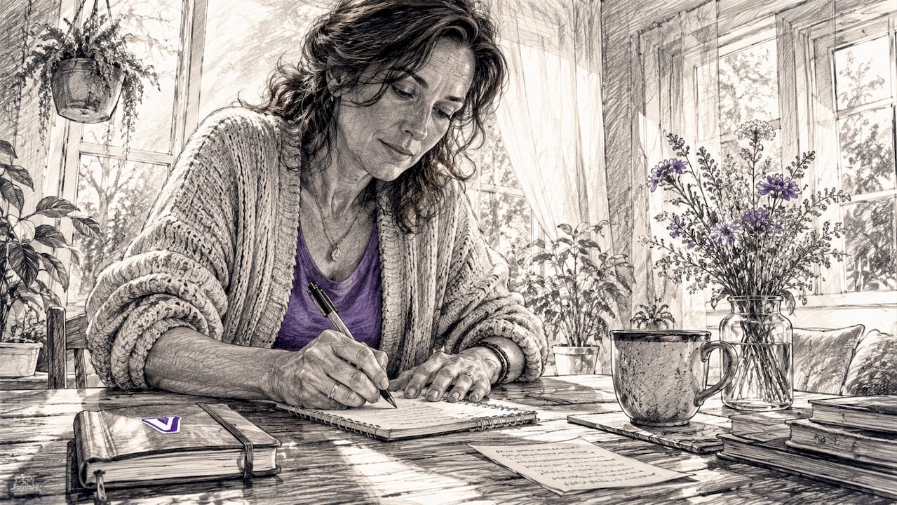 Woman journaling at kitchen table