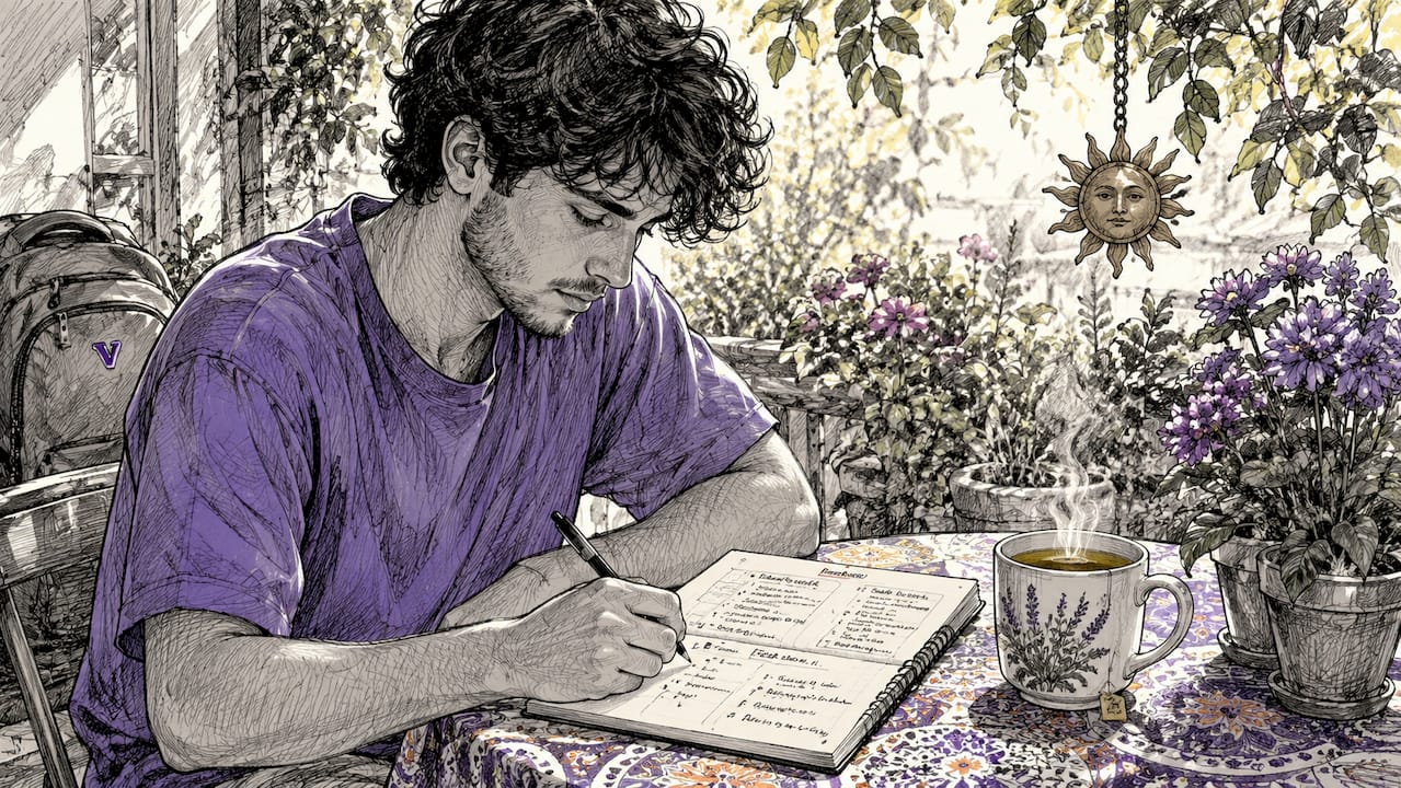 Hands writing in journal at coffee shop desk