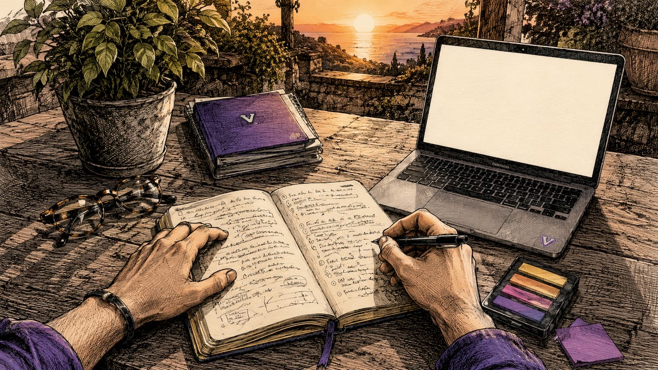Overhead view of hands and reflective writing materials