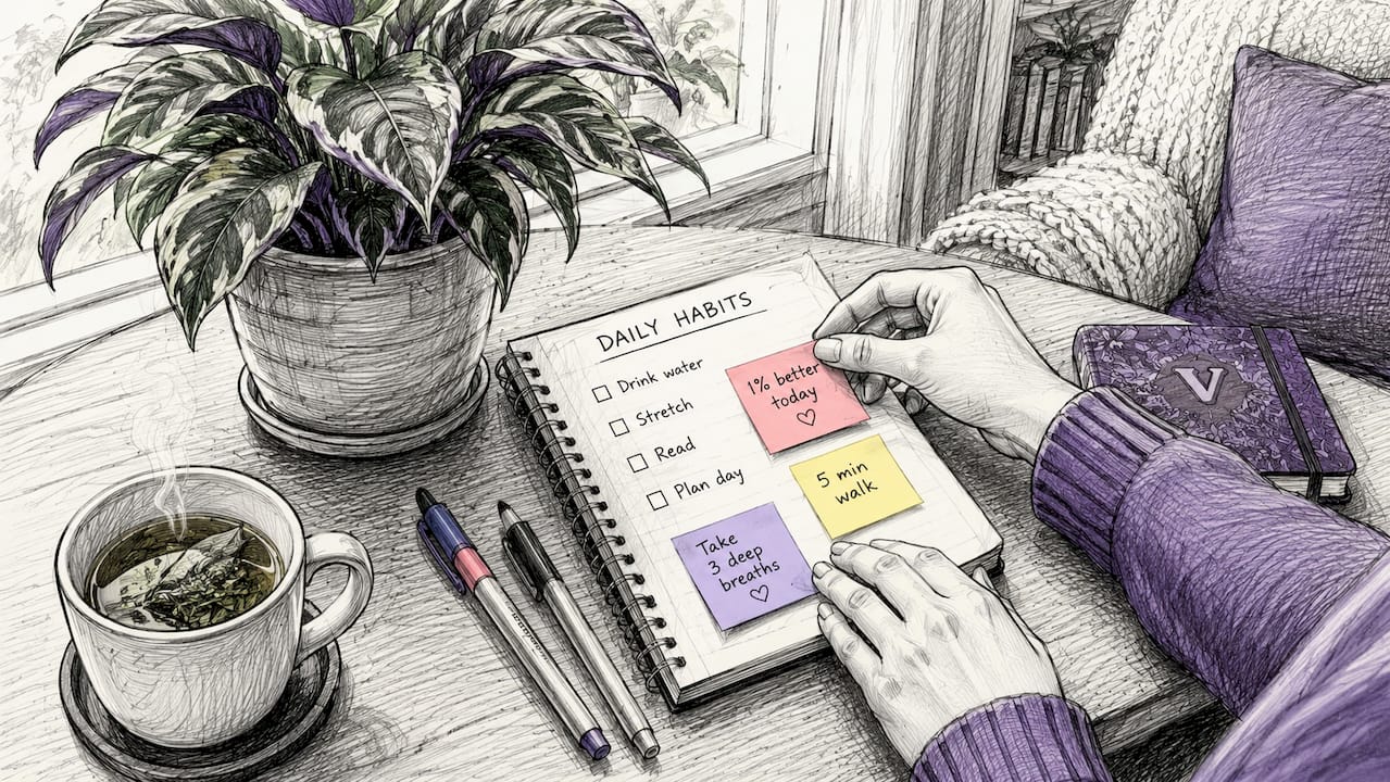 Hands making small habit checklist on desk