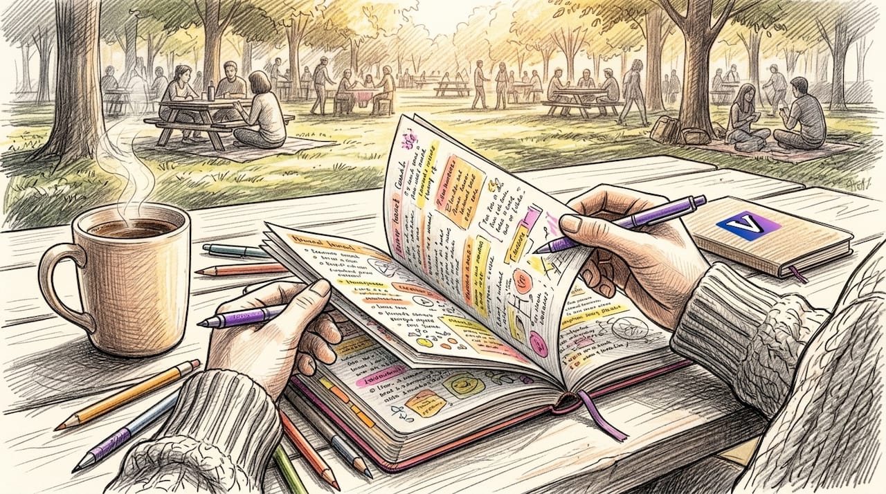 Hands flipping through journal with prompt categories