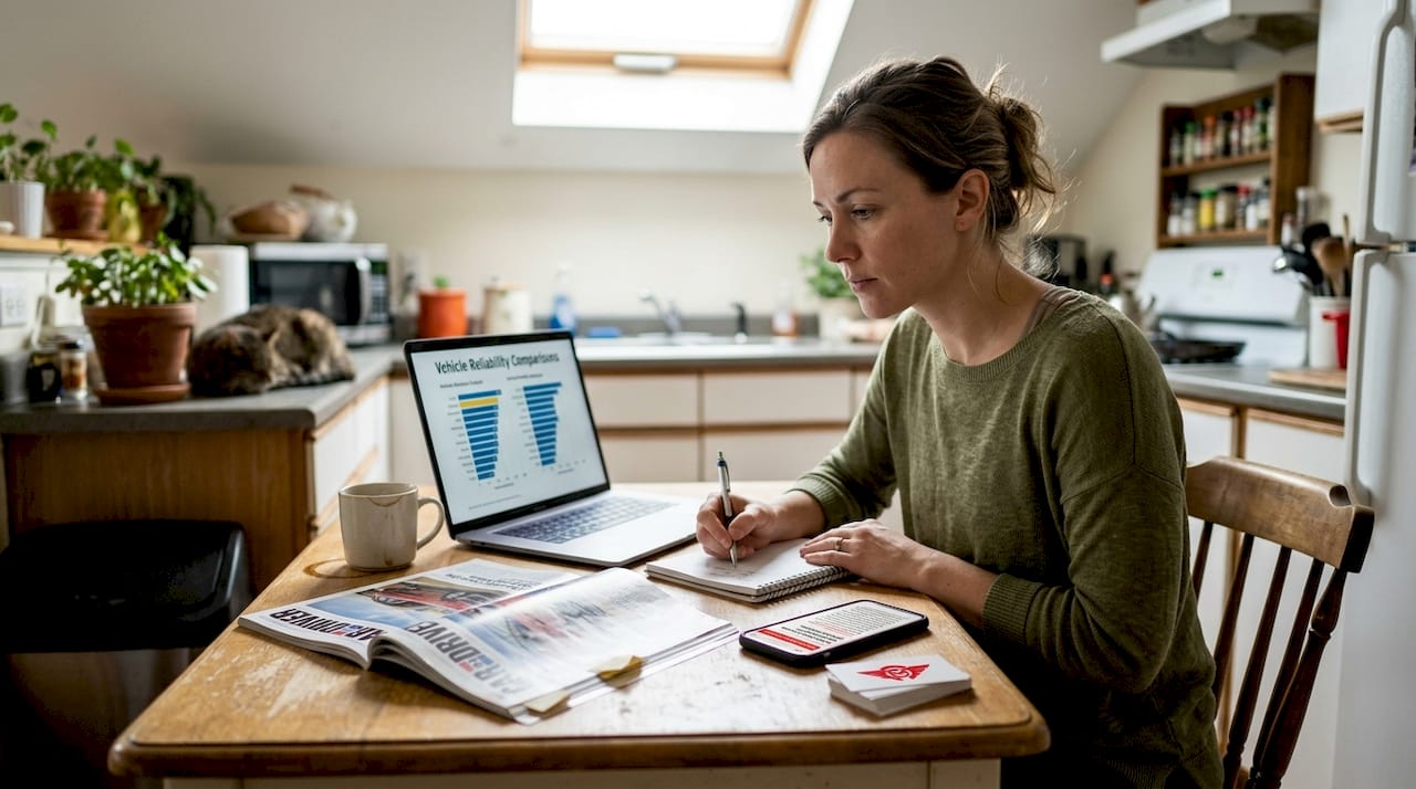 Woman researching vehicle reliability at kitchen table
