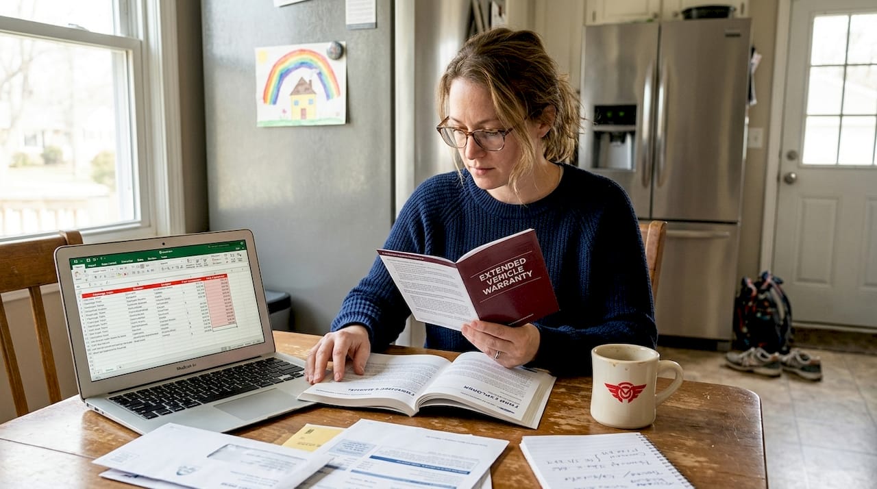 Woman comparing car warranty documents at kitchen table