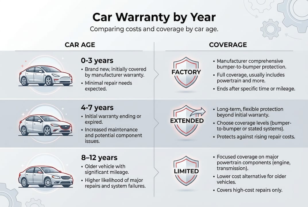 Infographic comparing warranty types by car age