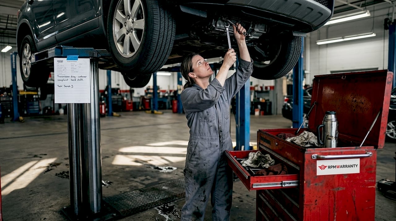 Mechanic repairing transmission under lifted SUV