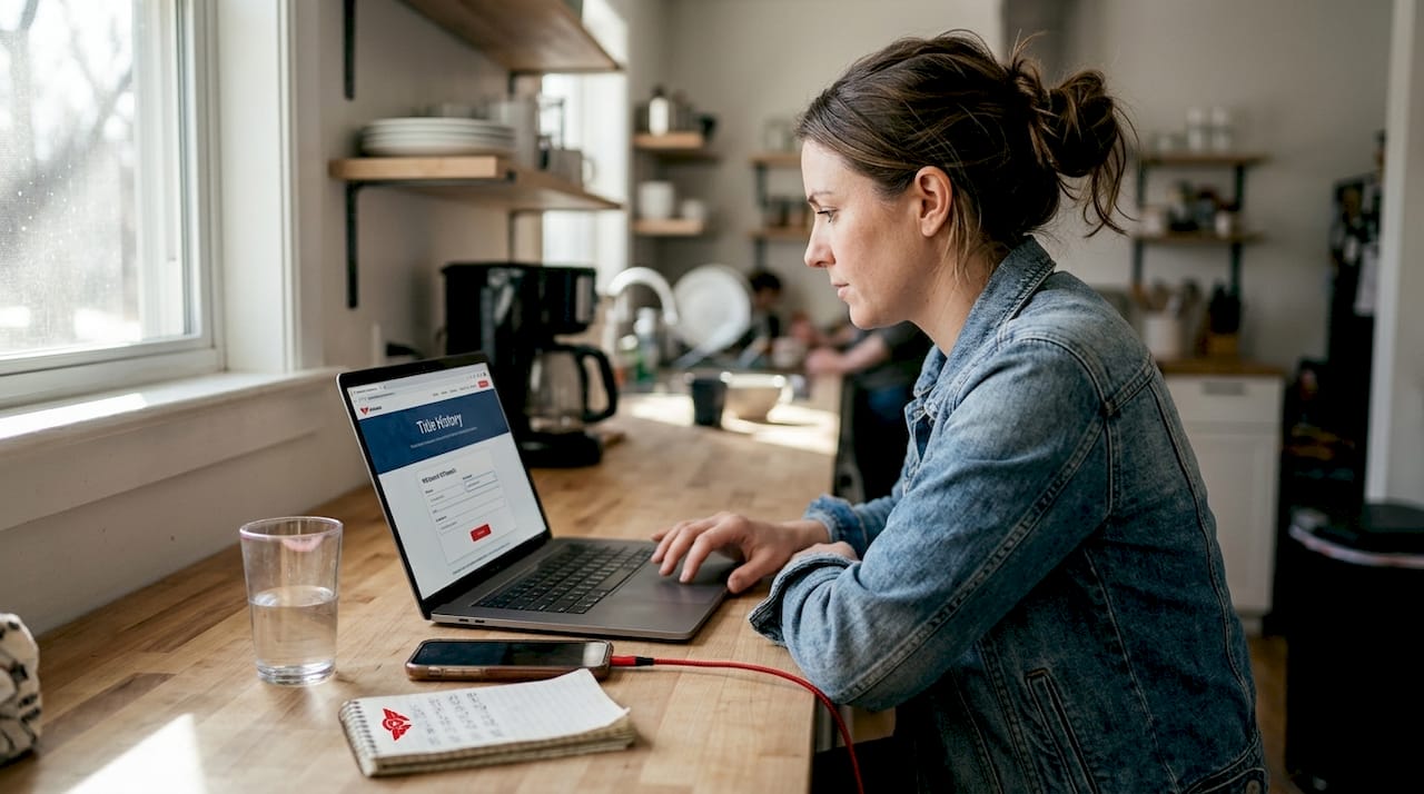 Woman checking used car title history online