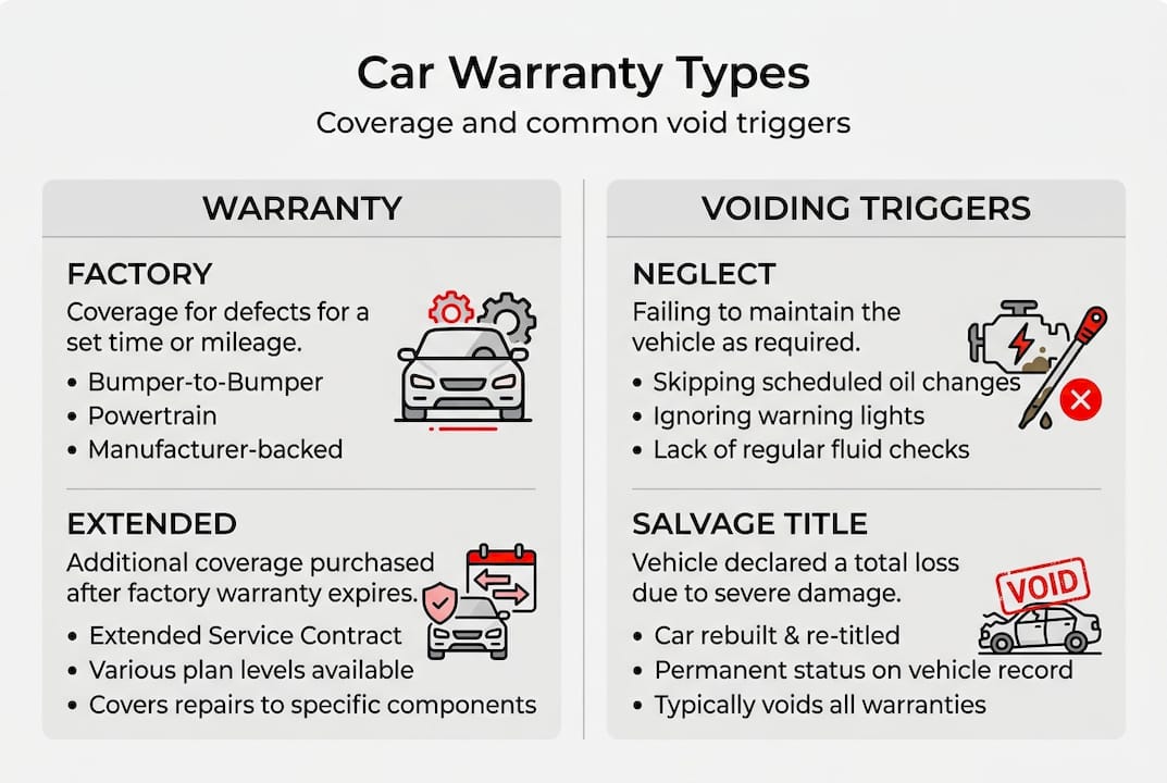 Infographic showing car warranty types and void triggers