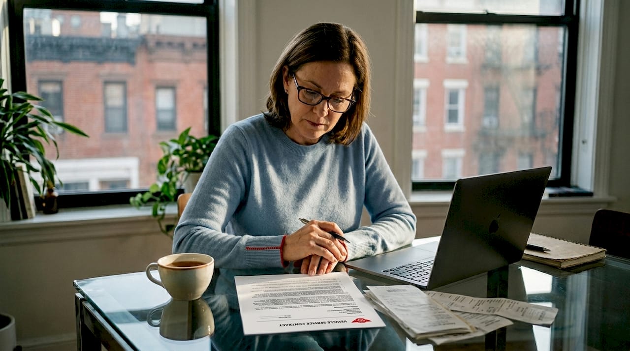 Woman reading engine warranty contract at table