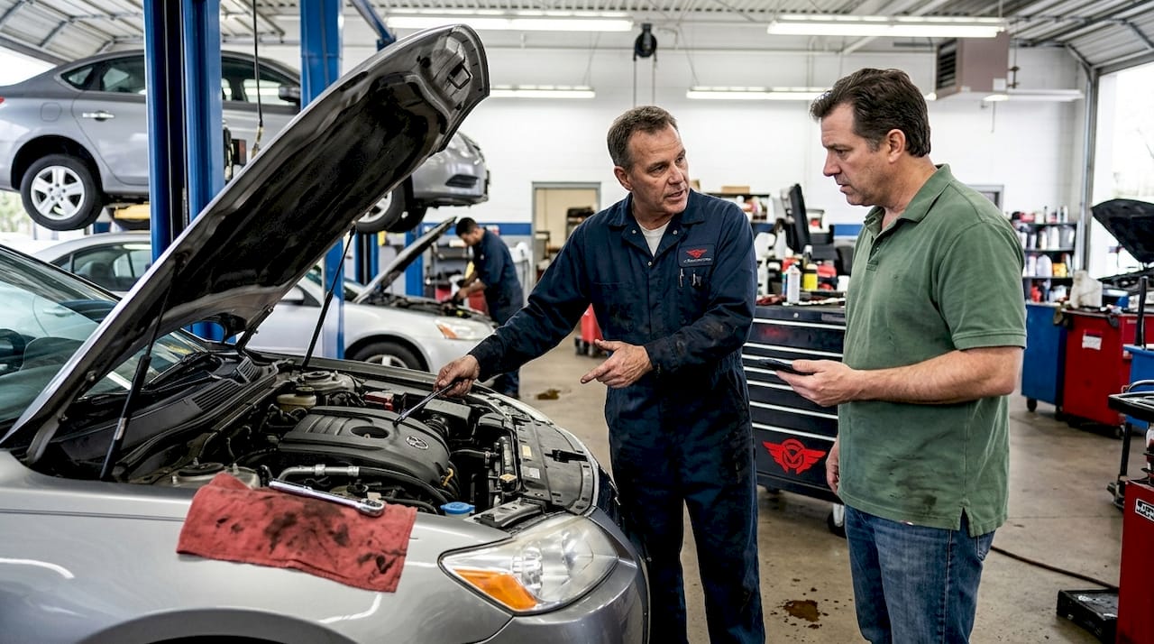 Mechanic explains engine repair to owner