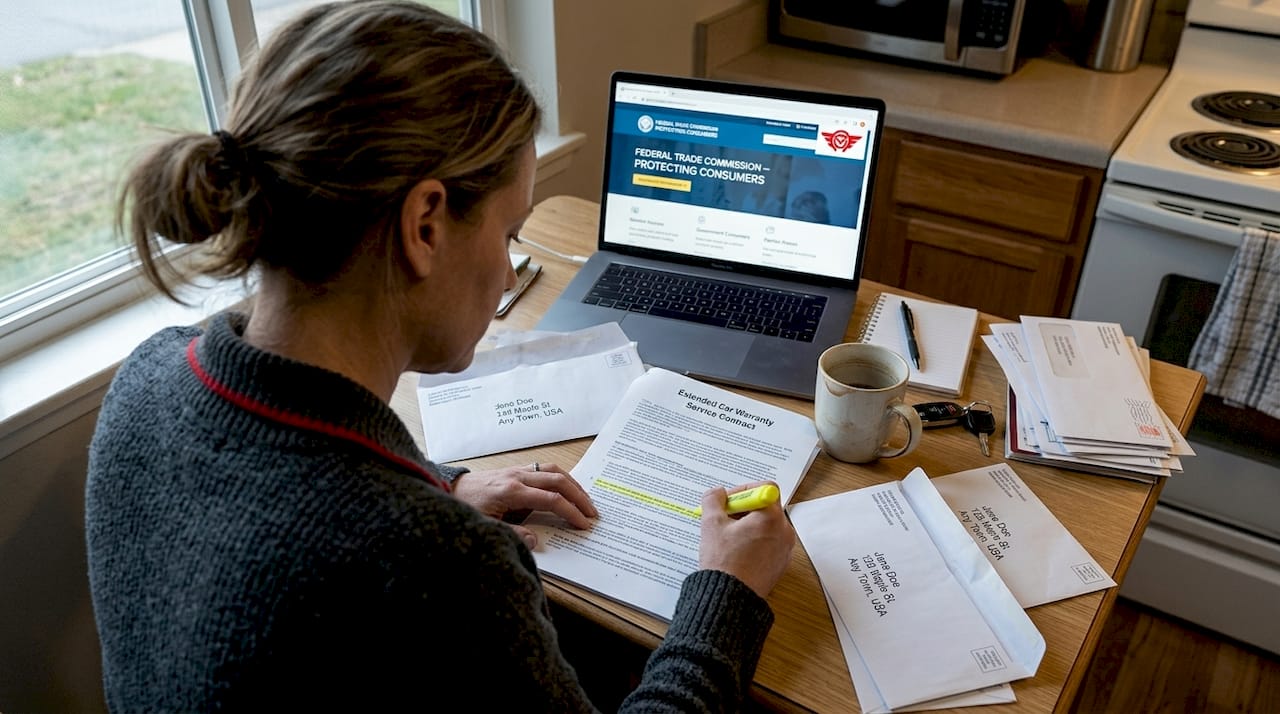 Woman reviews extended car warranty contract at table