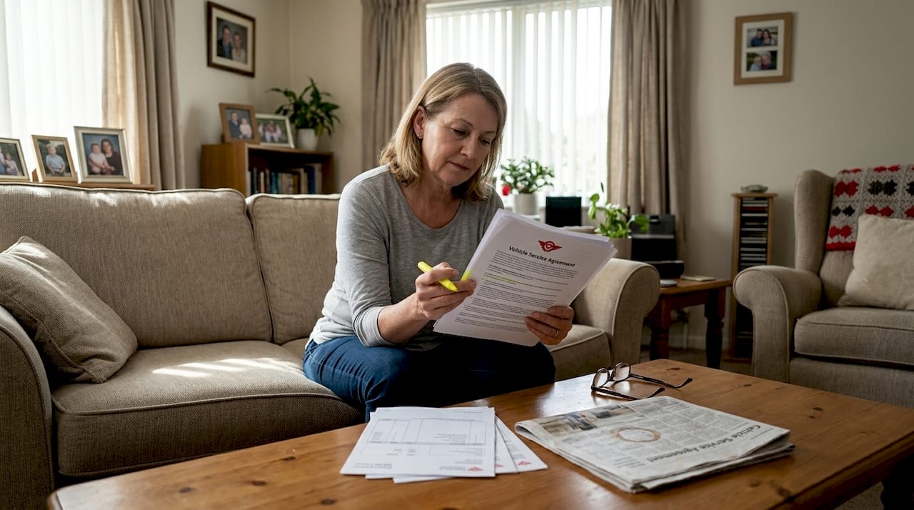 Woman reviewing car contract with highlighter
