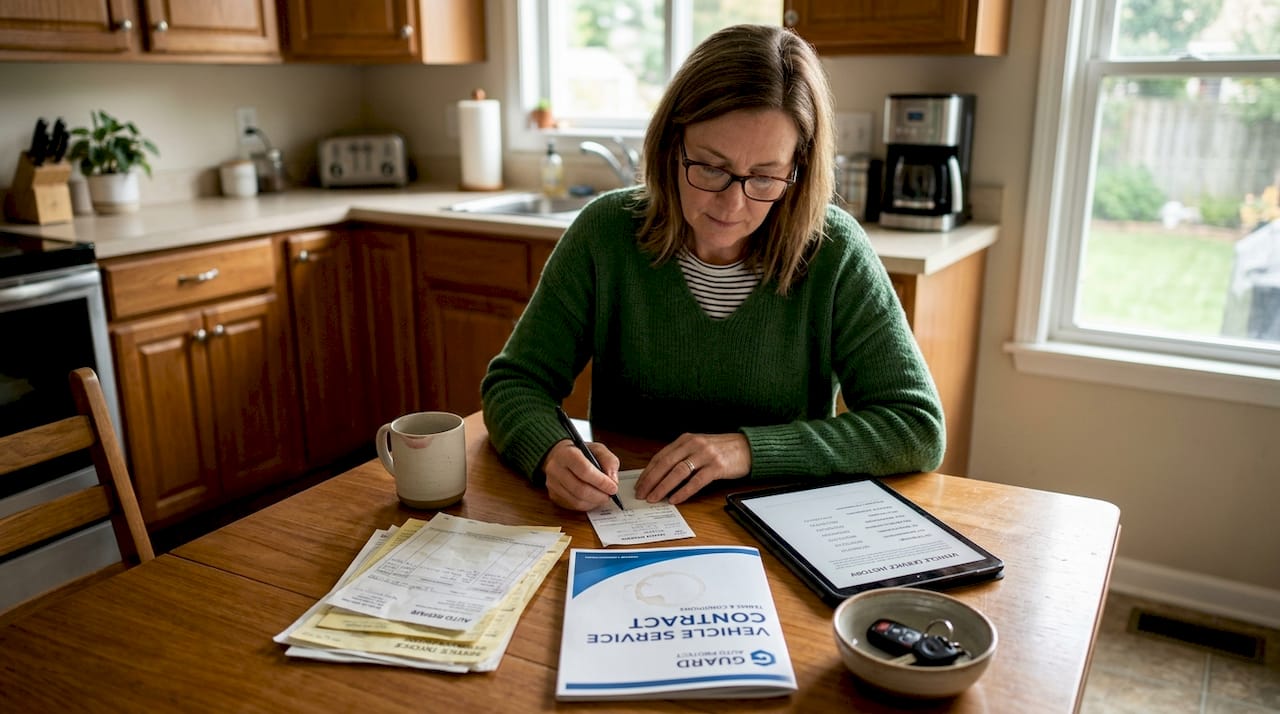 Reviewing vehicle service contract at home table