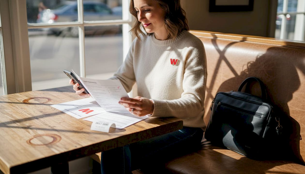 Woman comparing warranty options in café