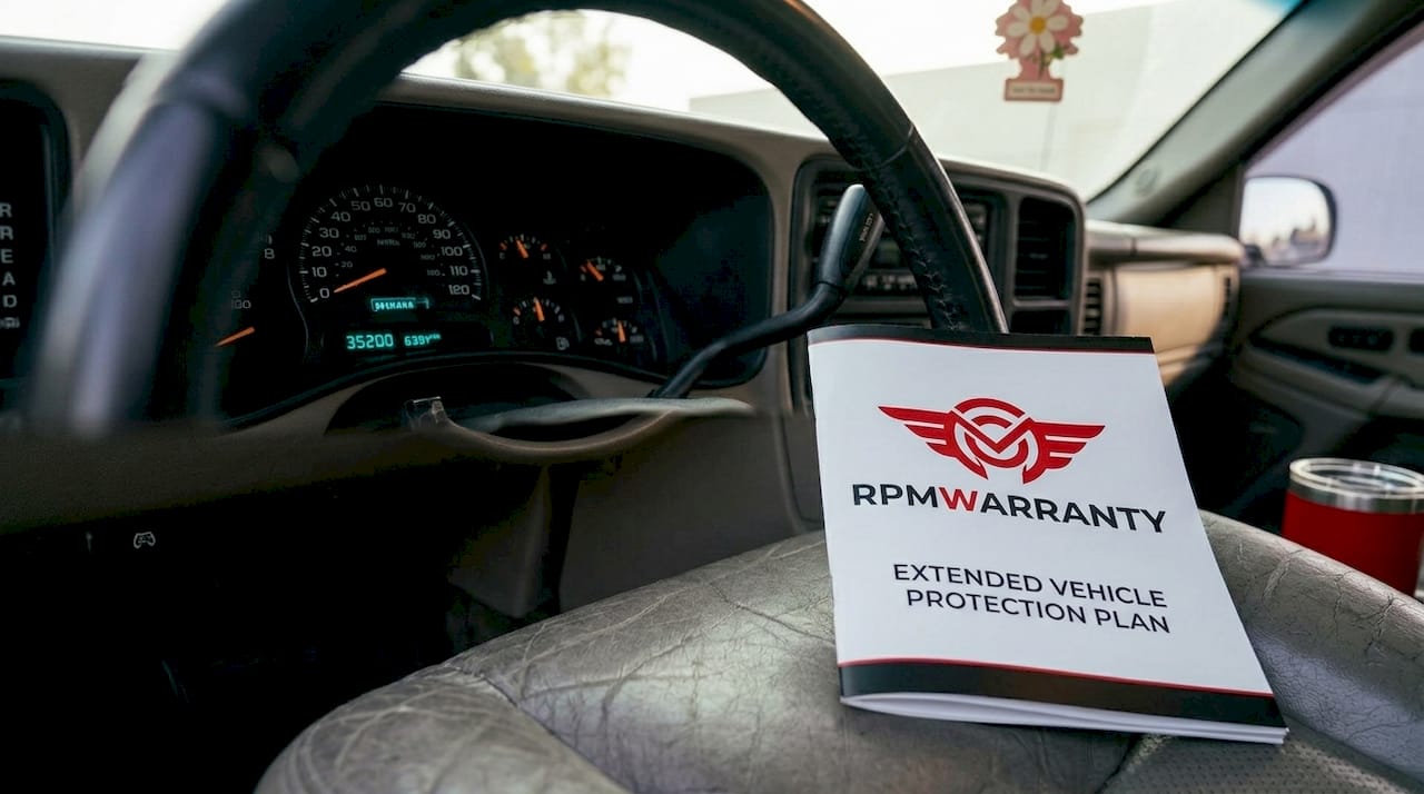 Car odometer and warranty booklet on seat