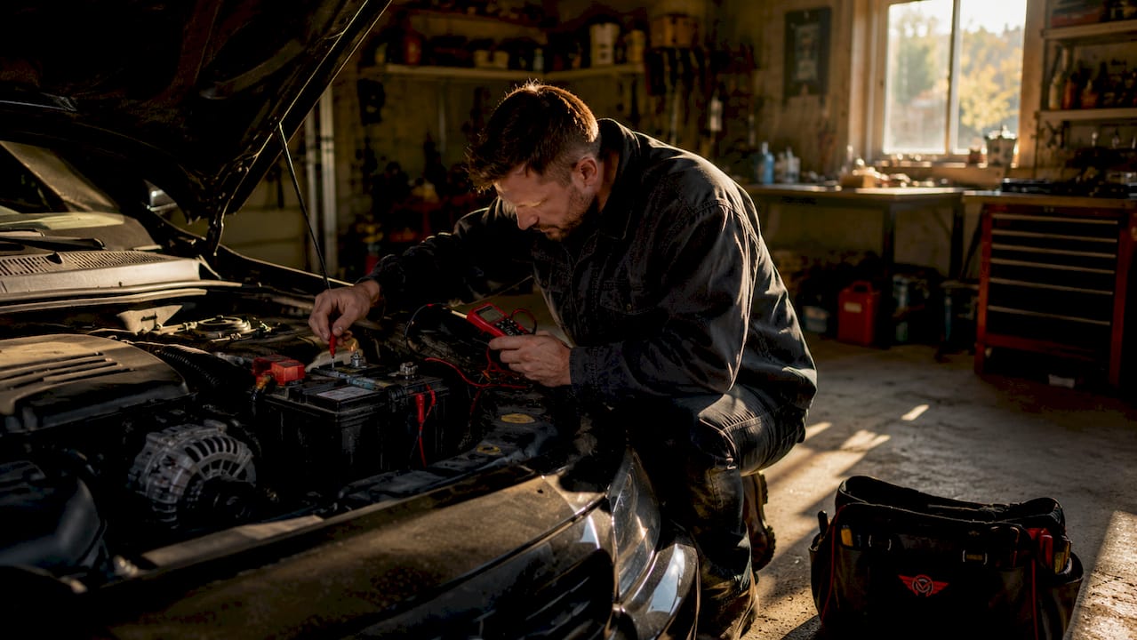 Hands testing vehicle electrical components