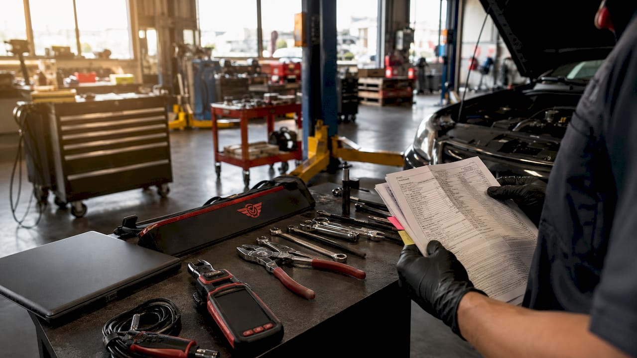 Hands holding warranty covered parts list in garage