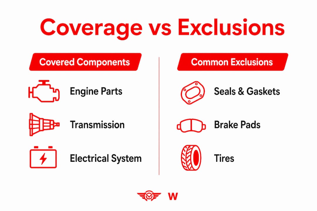 Infographic contrasting covered and excluded components in warranties
