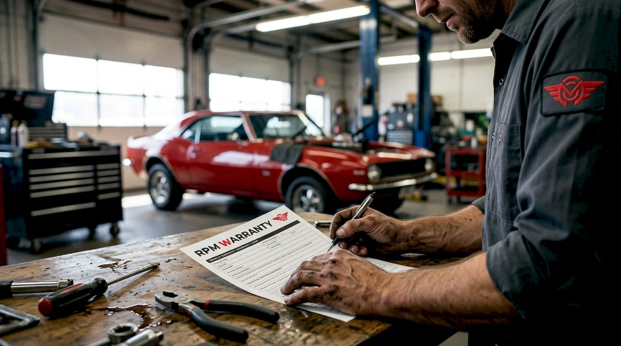Mechanic holding vehicle warranty claim form at workbench