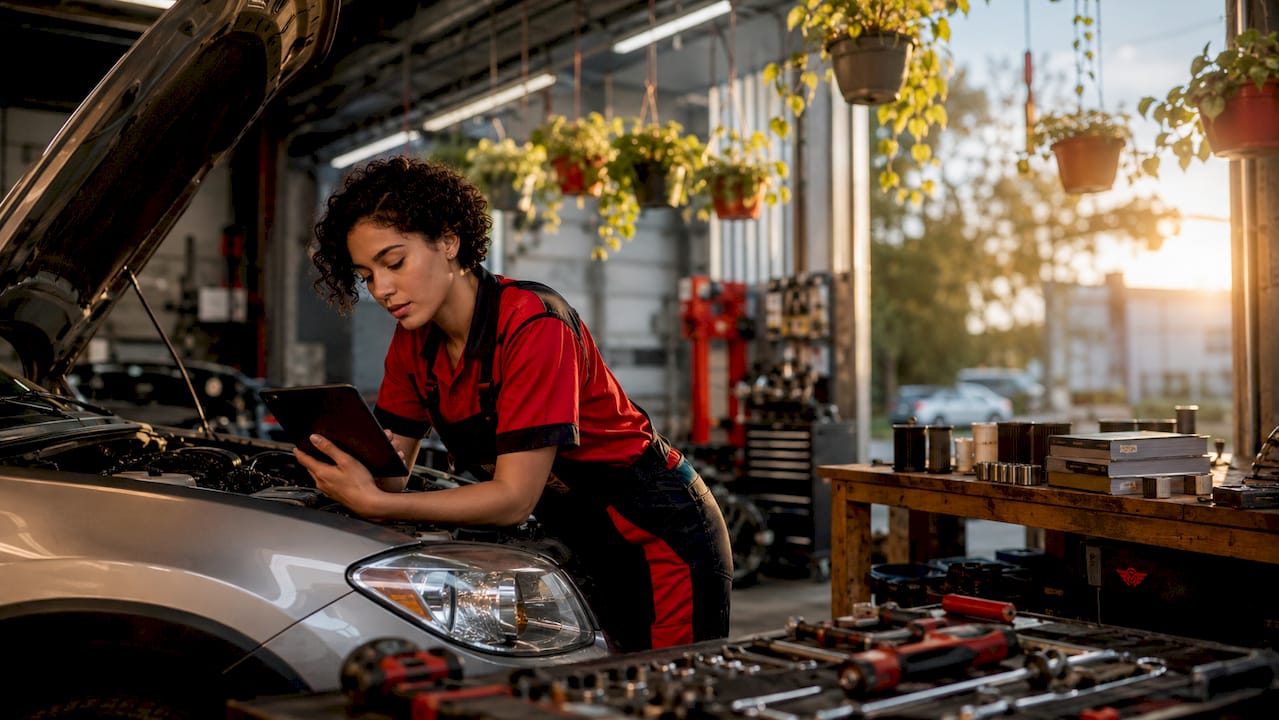 Mechanic inspecting car engine and using tablet