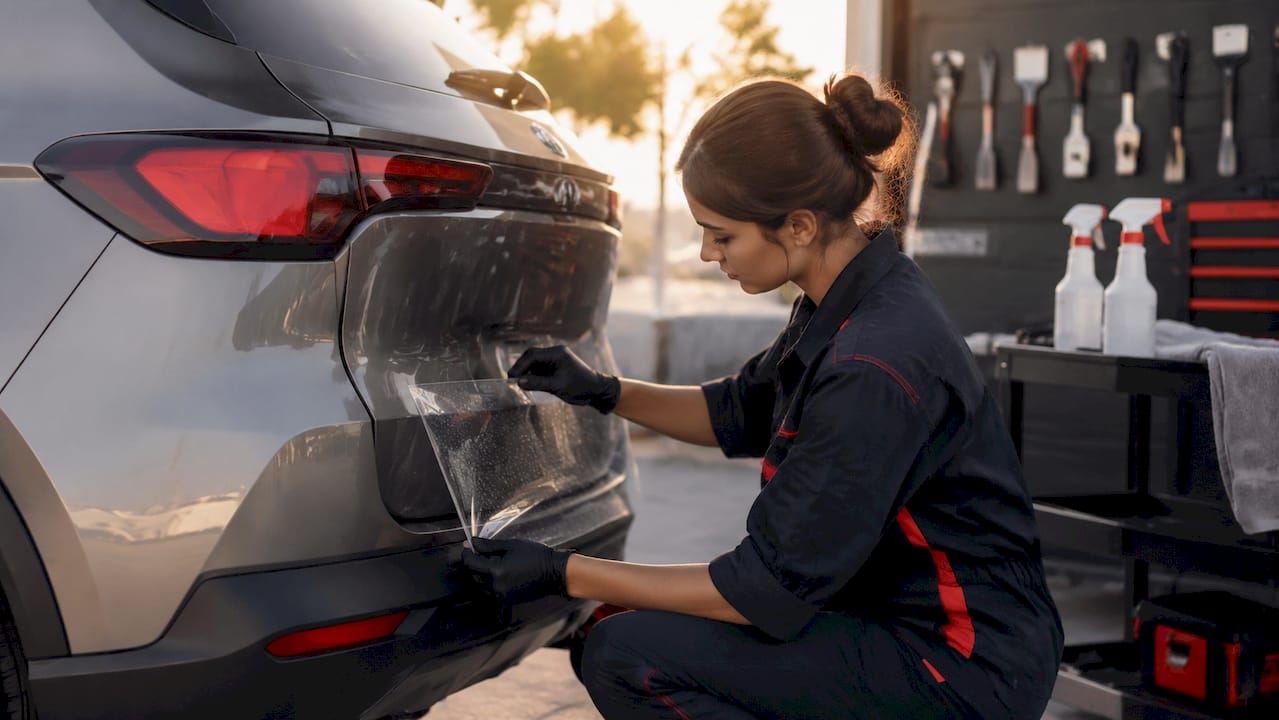 Technician applying paint protection film to car bumper