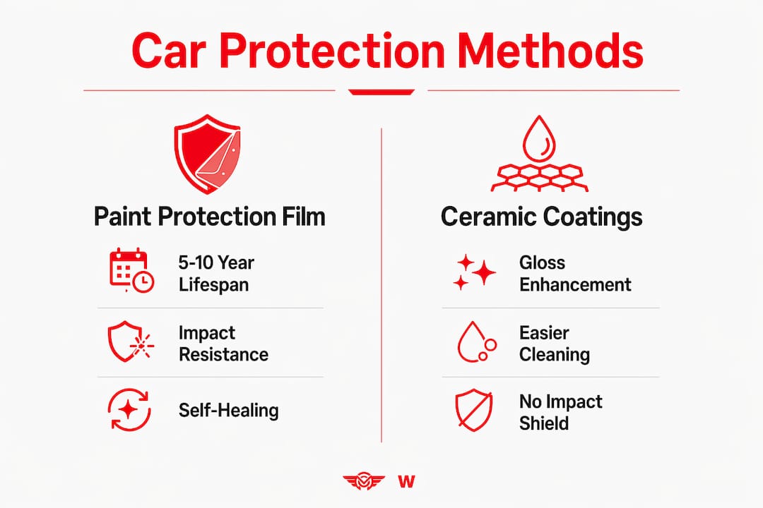 Infographic comparing paint protection film and ceramic coatings