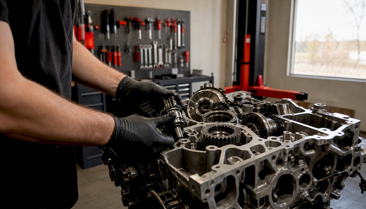Mechanic examining powertrain components