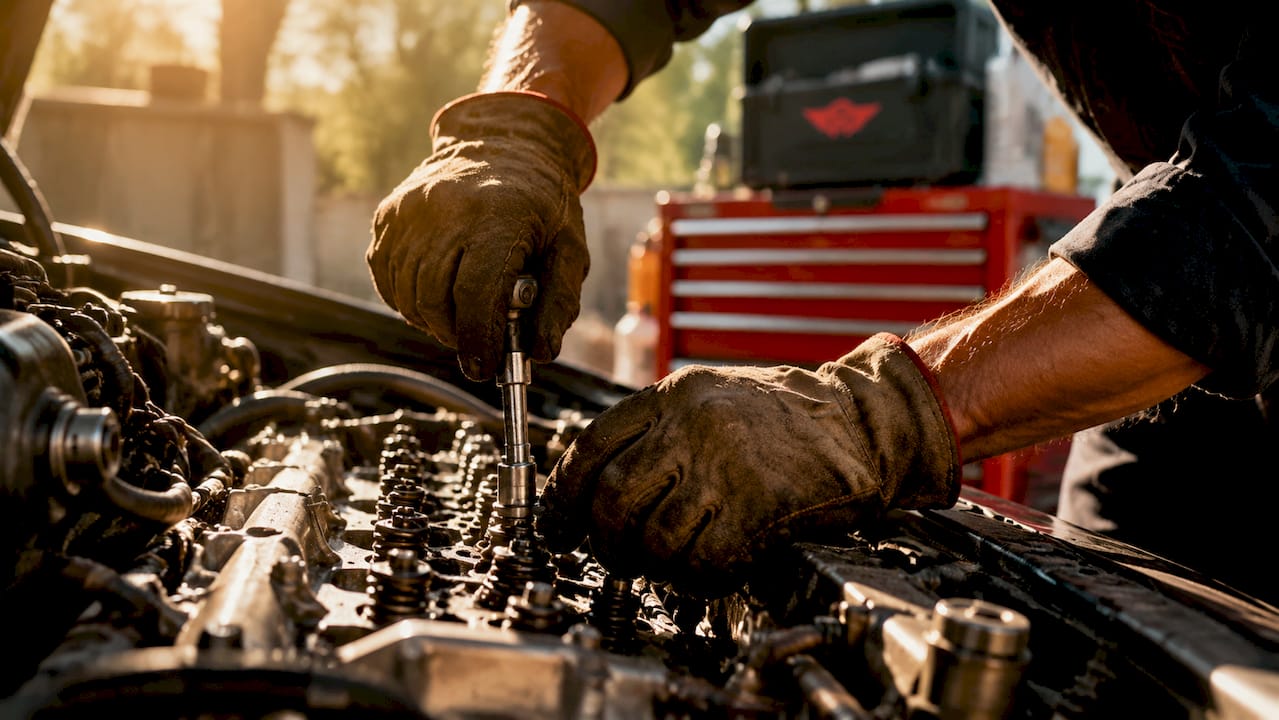 Mechanic hands working on engine components close-up