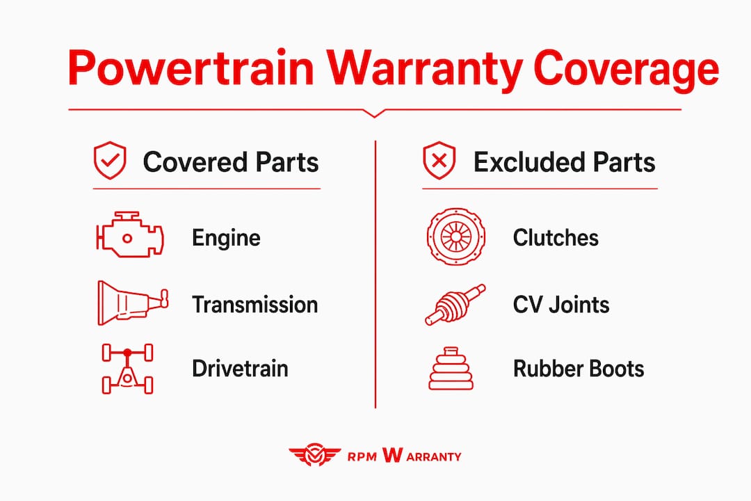 Infographic comparing covered and excluded powertrain parts