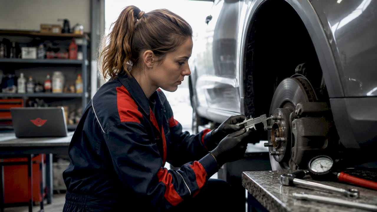 Technician measuring brake pad thickness on car wheel