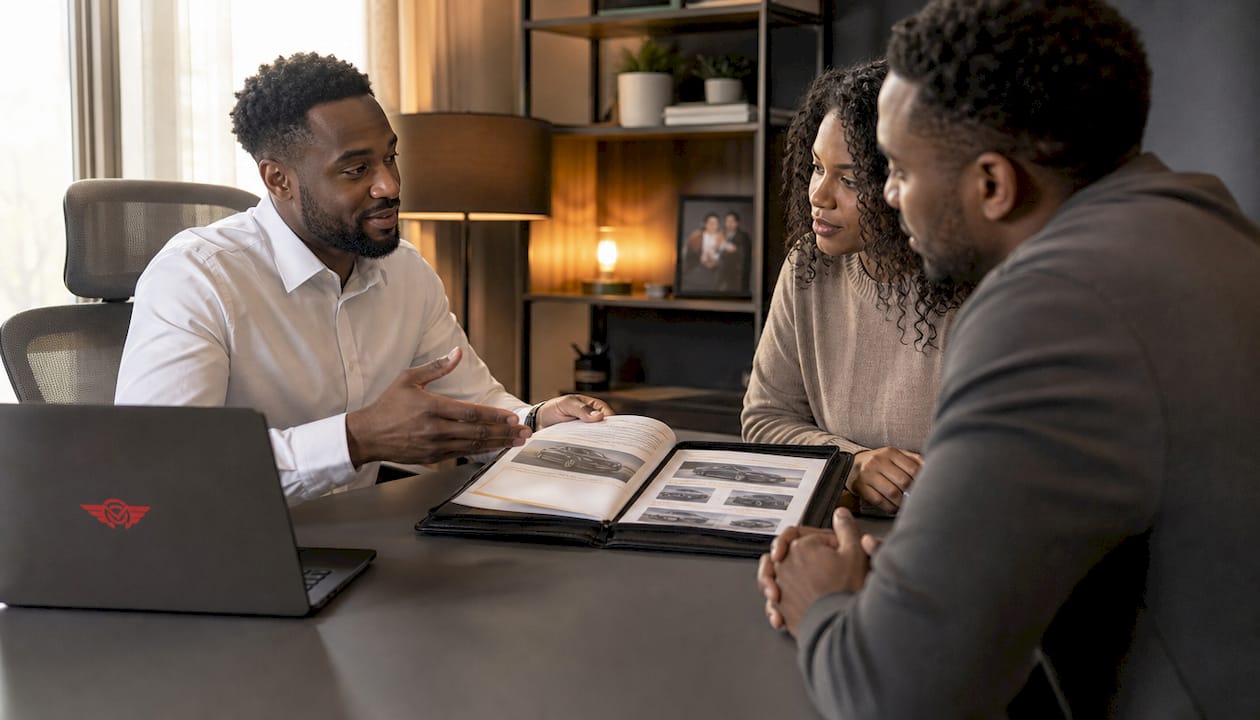 Insurance agent explaining extended coverage to clients