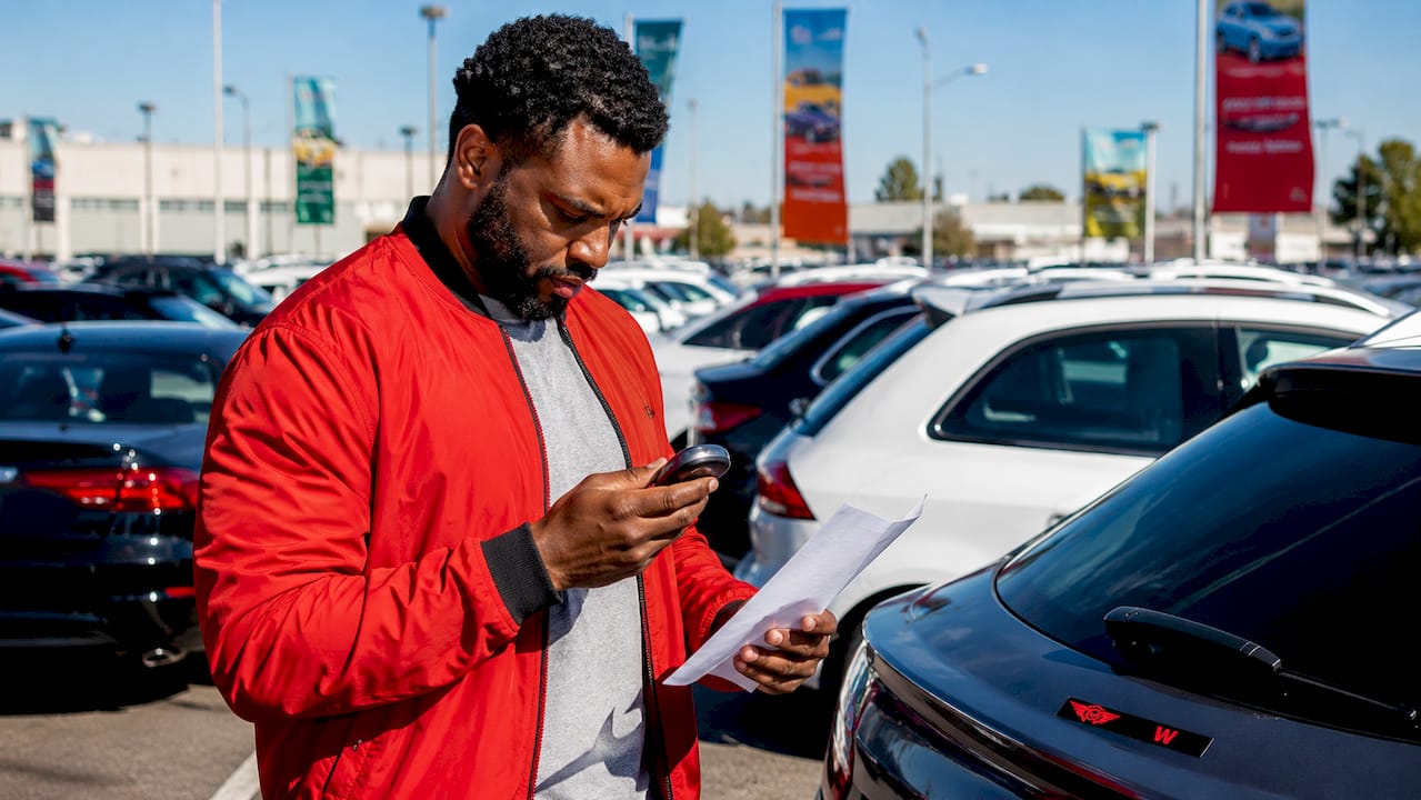 Hands holding car key and vehicle document indoors