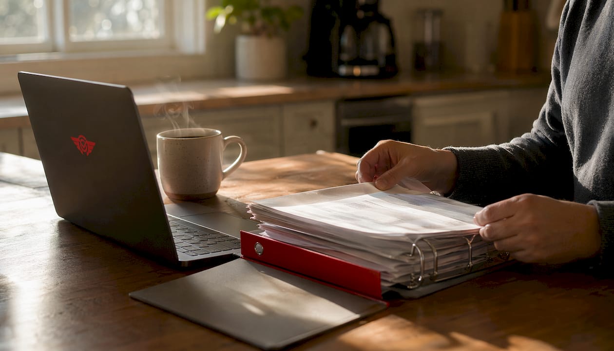 Hands organizing warranty papers into file and digital folders